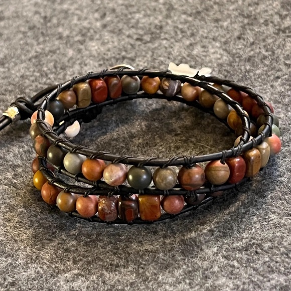 Double Wrap Leather Bracelet - Red Creek Jasper, Artisan Clasp, Bear Charm - Picture 7 of 11